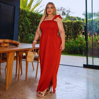 Vestido Feminino Plus Size Longo  Alça Lastéx  Fenda Elegante Tomara que Caia Fresquinho  Casual em Oferta na Shopee