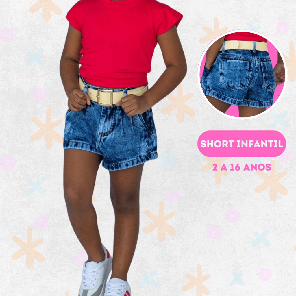 Short Jeans Infantil Feminino com Bolsos Cintura Alta Estiloso Confortável Moda Verão Menina Casual