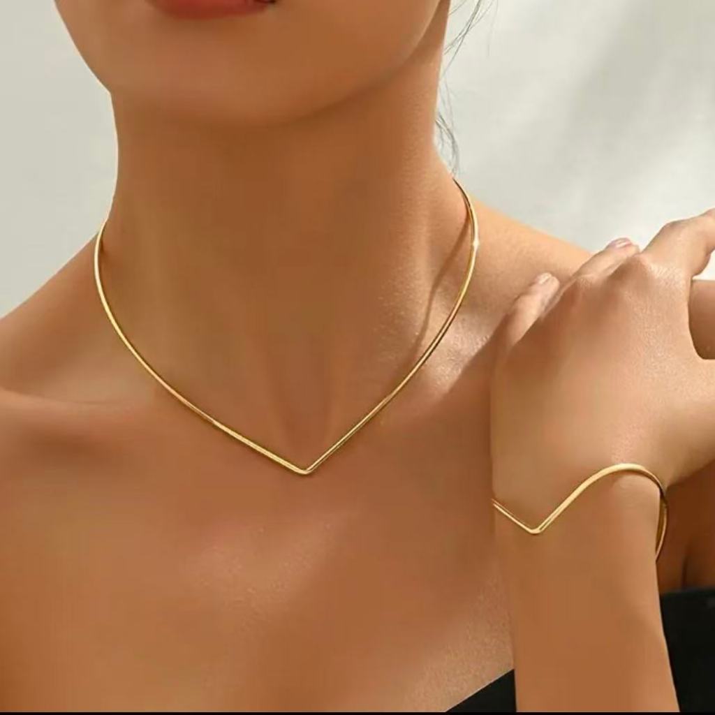 Conjunto Feminino Colar e Pulseira em Formato de V Estilo Minimalista Design Moderno Elegante para Festa e Uso Diário em Oferta na Shopee