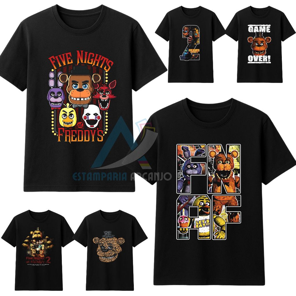 Camiseta Five Nights at Freddy’s FNAF Preta 100% Algodão Estampa Premium Unissex infantil e adulto
