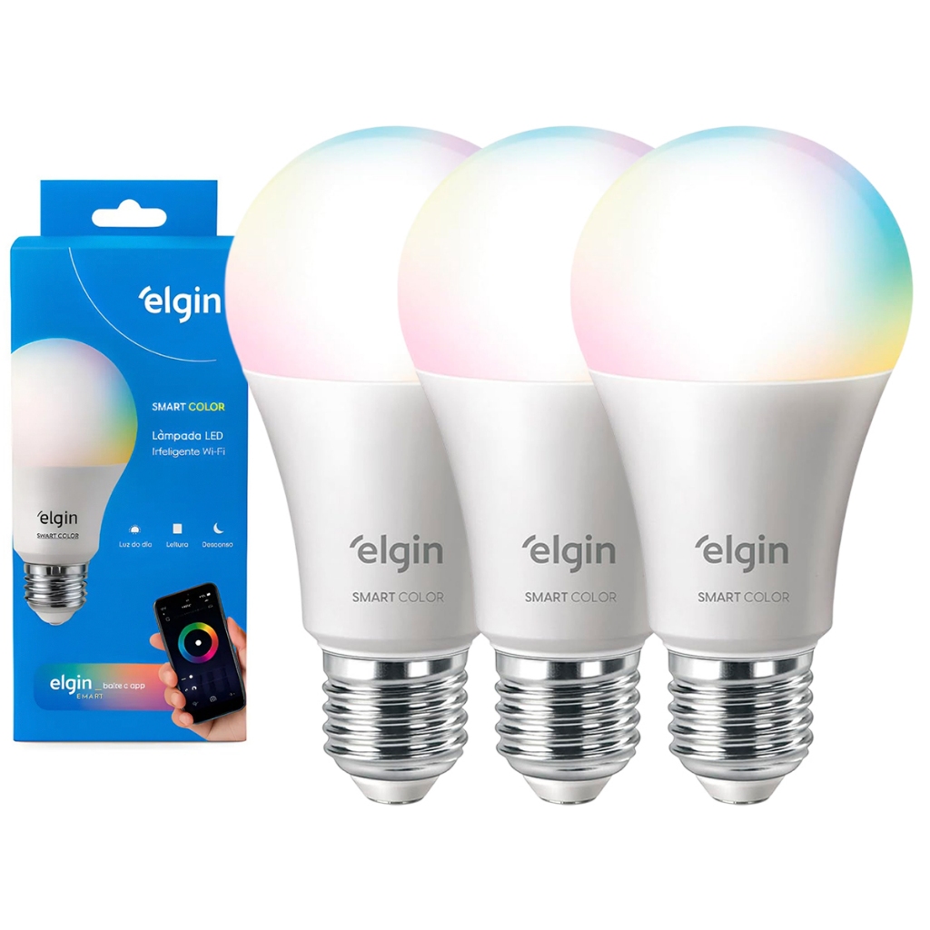 Kit 3 Lâmpadas Inteligente Bulbo LED Elgin 10W Smart Color RGB Wifi Compatível com Alexa em Oferta na Shopee