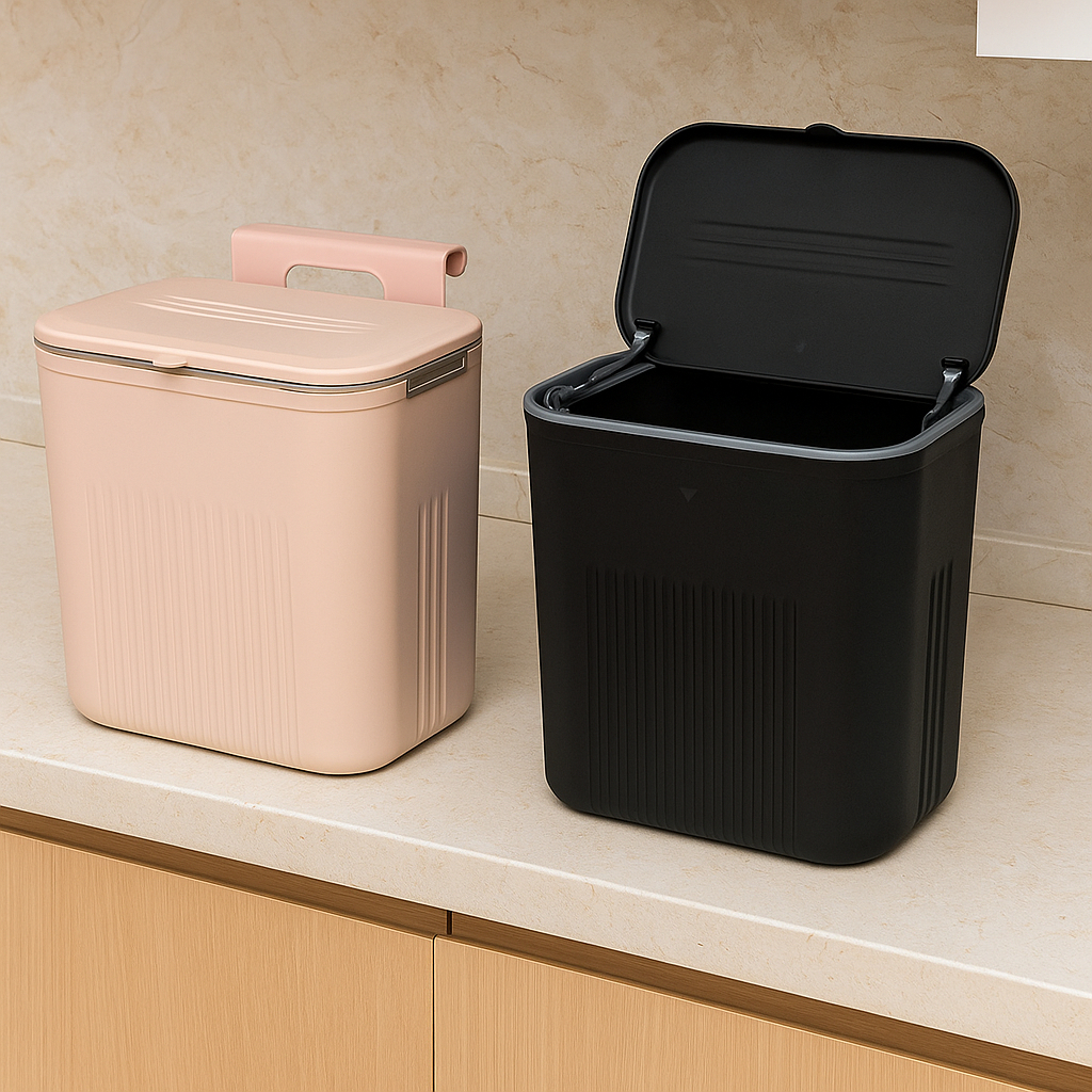 Lixeira Suspensa Cozinha Banheiro 09 Litros Com Tampa Suporte De Adesivos Alça De Pendurar