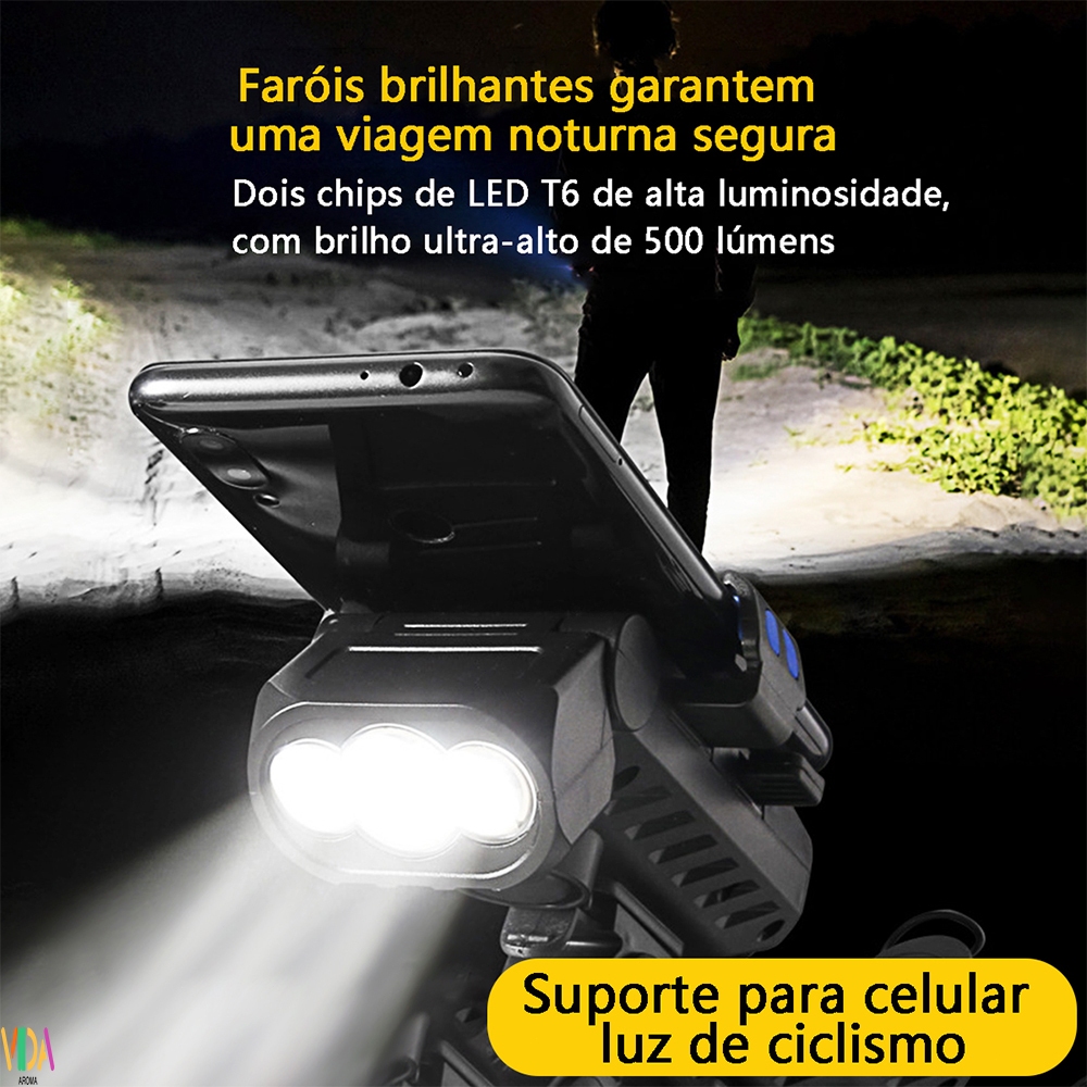 Kit De Lanterna Para Bicicleta Luz Potente Suporte Para Celular E Bateria De Longa Duração