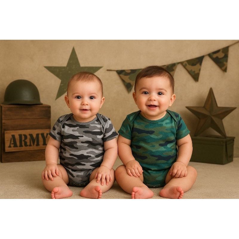 BODY bebê Camuflado Verde e Camuflado cinza mesversário temático