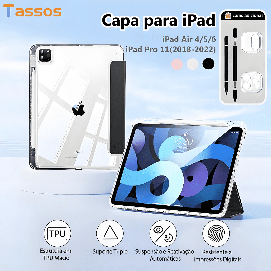 TASSOS Capa 3 Dobrar HD Magnética Para  iPad Pro 11(2018-2022)Air 4/5 Air M2/M3 Com Suporte Para Caneta em Oferta na Shopee