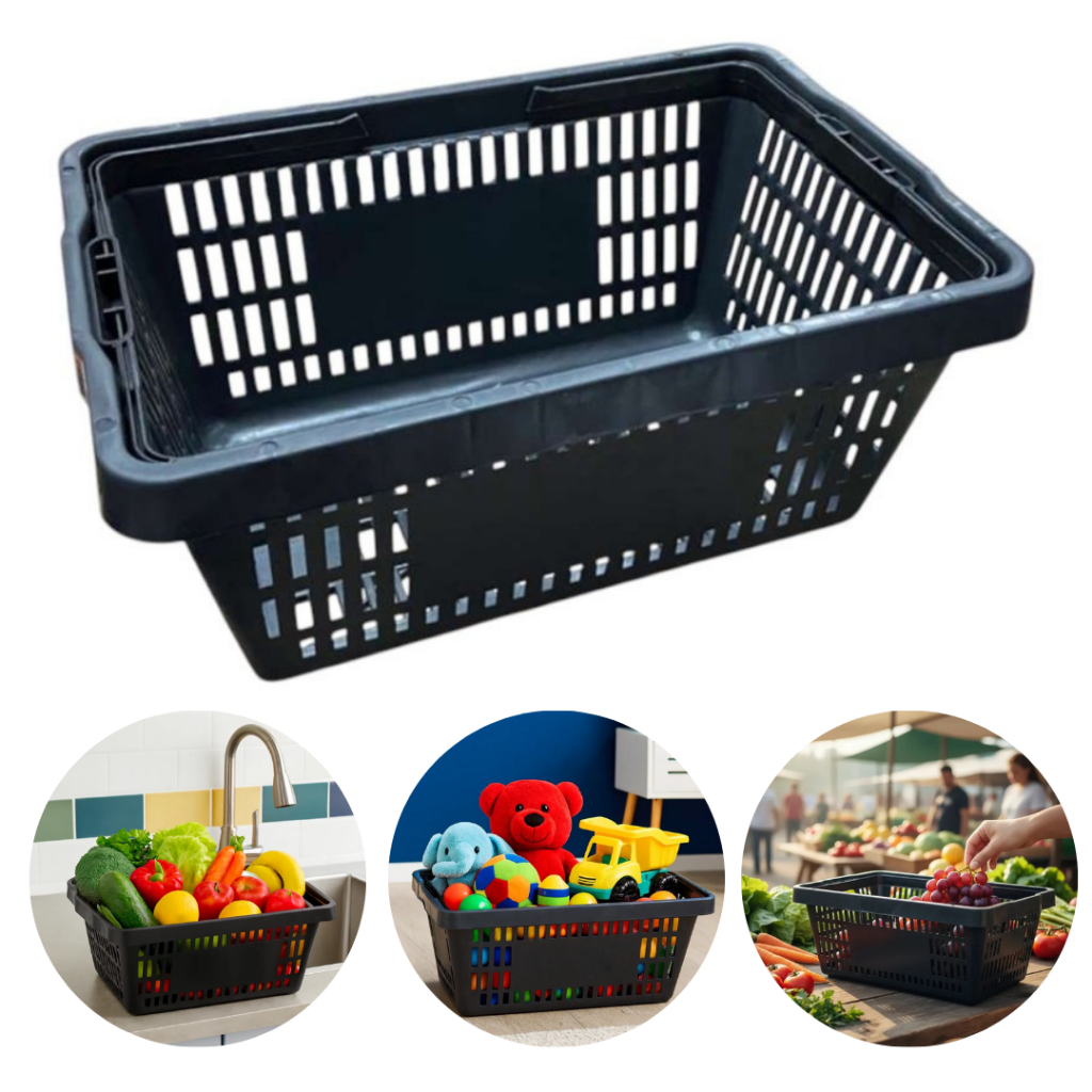 Caixa Plástica Vazada Retangular Hortifruti Compras Mercado Frutas Organização - Preta