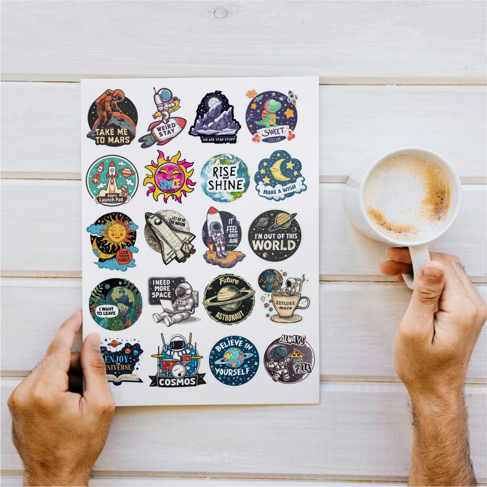 Cartela de Adesivos Sticker A4 Space Art Foguete Espaço Sideral Kids Fofinhos Baby Astronomia