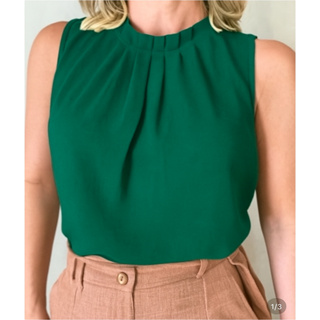 💖Blusa Feminina Sem Manga com Gola Alta, Pregas e Detalhe de Botão atrás – Tecido Duna Confortável, Look Moderno em Oferta na Shopee