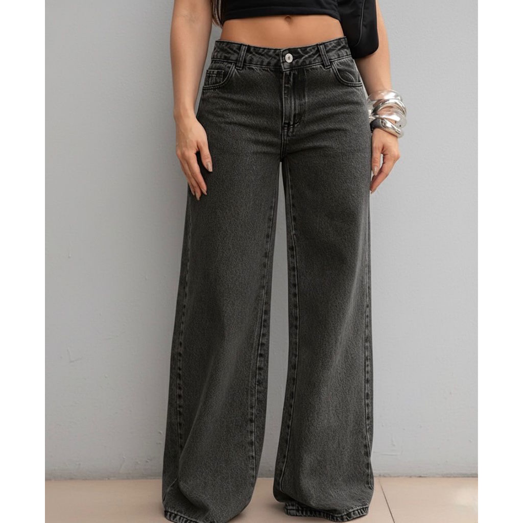Calça Jeans Feminina Wide Leg Cintura Alta Moderna Estilo Caimento Perfeito Sofisticada. em Oferta na Shopee