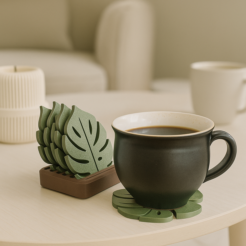 Porta Copos em Formato de Folha – Kit Decorativo Moderno em Impressão 3D, Design Minimalista para Café e Mesa de Sala
