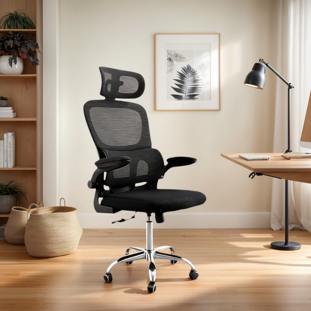 Cadeira De Escritório Ergonômica Suporte Lombar Cabeça Estofado Mesh Regulagem de Altura