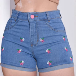 Short Jeans Bordado feminino com lycra cintura alta Moda Verão cos alto confortavel elegante Promoçã