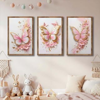 Quadro Decorativo 3 Peças Borboleta Rosa Dourado para Sala de Estar Quarto ou Escritório em Oferta na Shopee