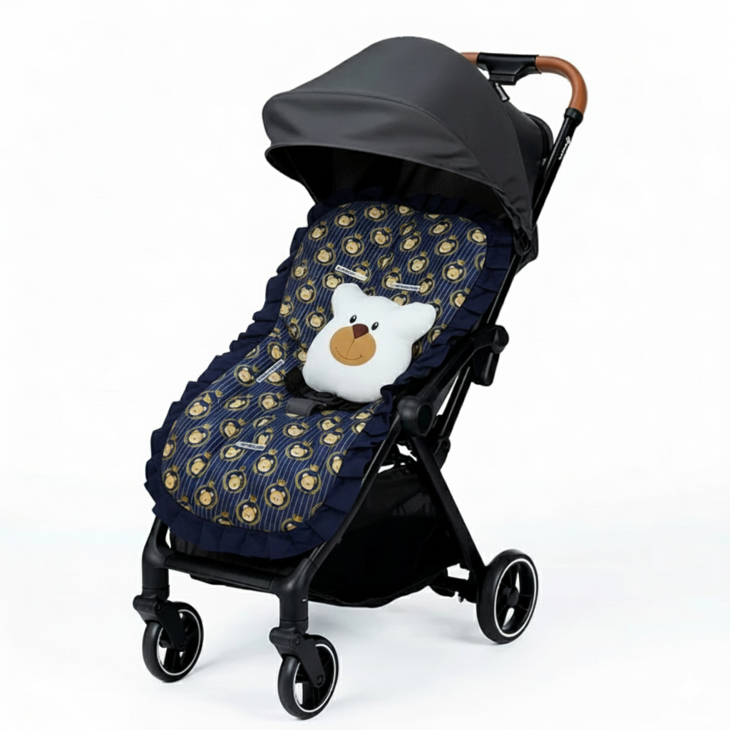 Capa de Carrinho + Almofadinha com Tecido Estampado 100% Algodão Coroa Marinho com Branco Tamanho