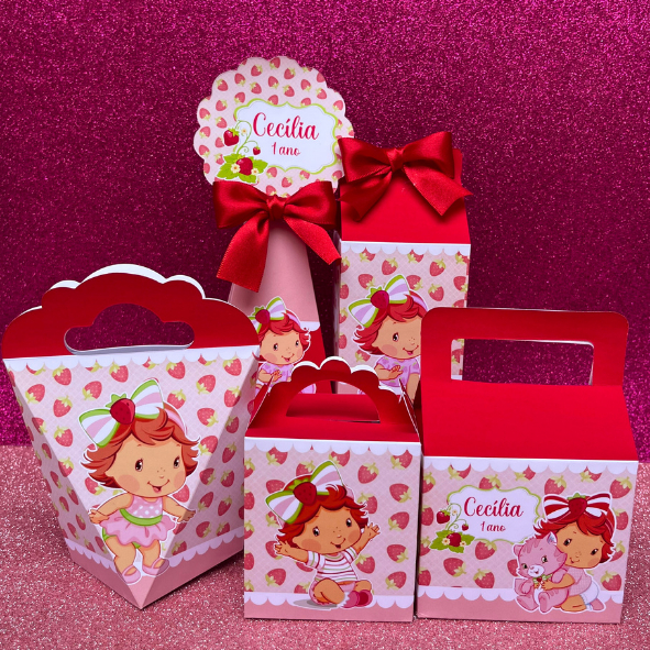 Kit festa caixinhas personalizadas MORANGUINHO BABY vermelho aniversário (PEGUE E MONTE)