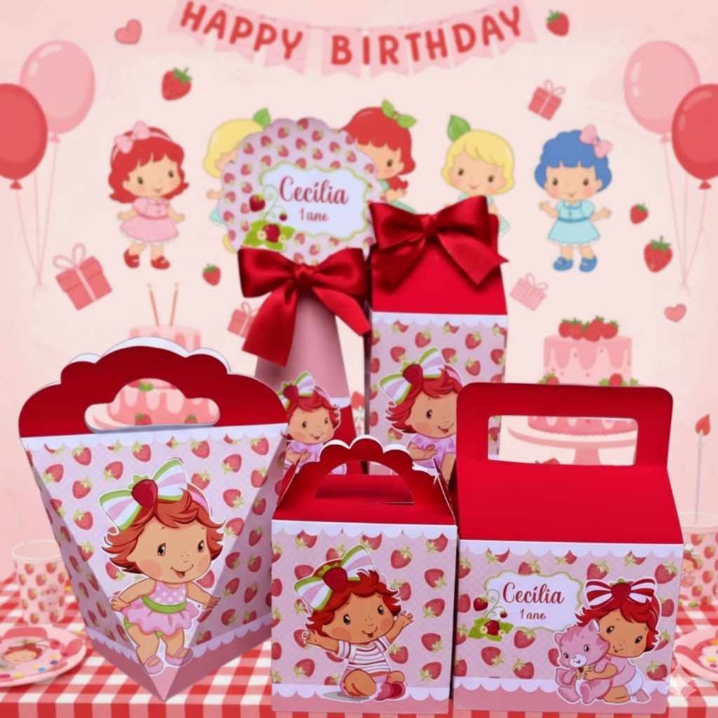 Kit festa caixinhas personalizadas MORANGUINHO BABY  aniversário (PEGUE E MONTE)
