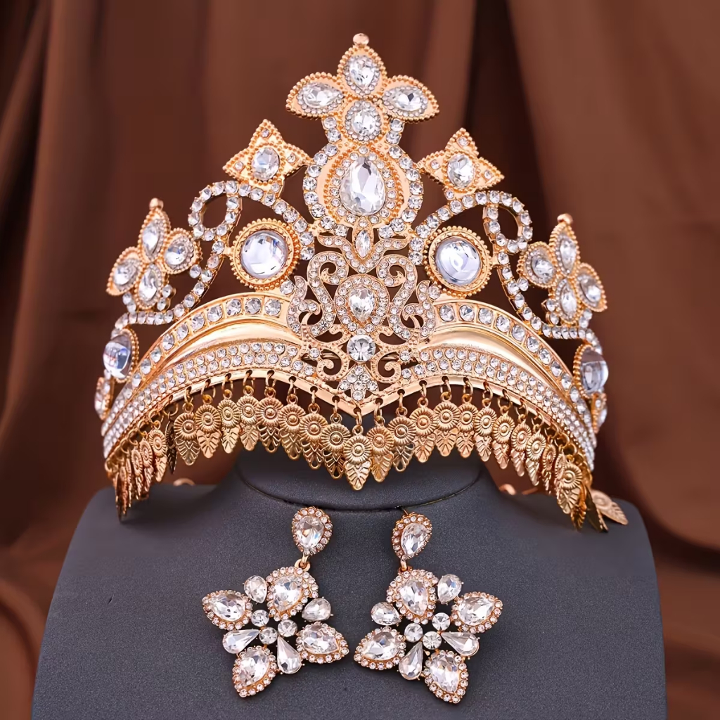 Conjunto Luxuoso DOURADO de 2 Peças: Coroa e Brincos com Strass para Princesa ou Rainha - Acessórios Elegante em Liga