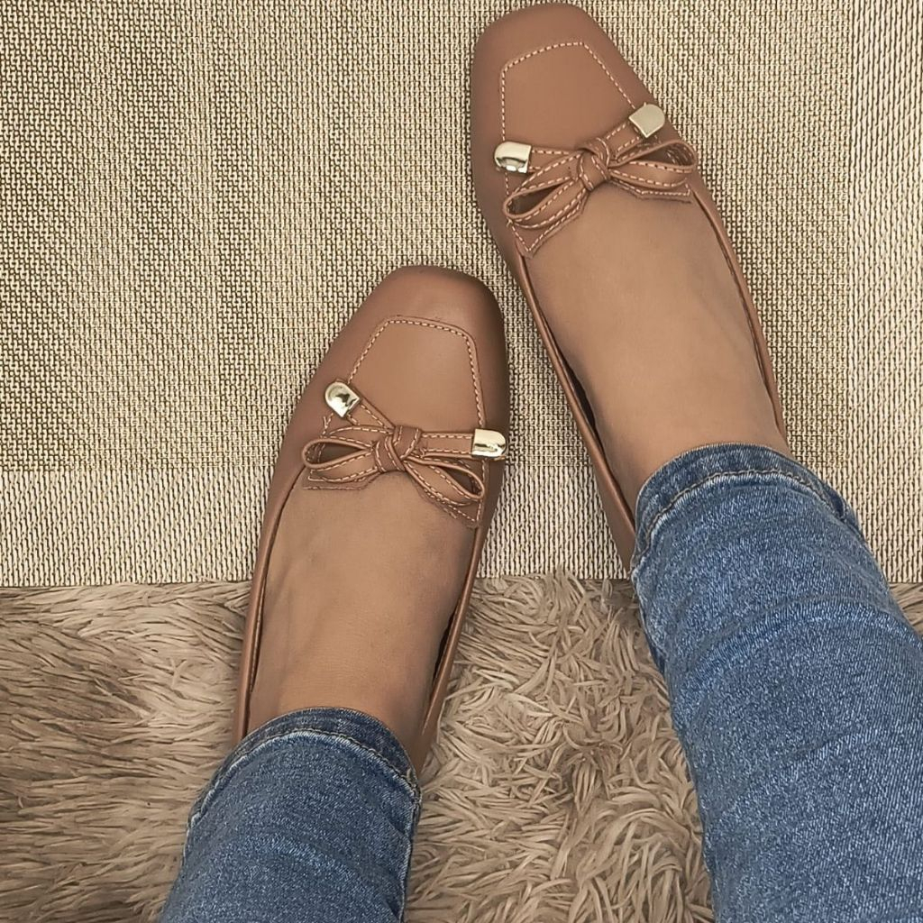 Mocassim Feminino Sapatilha Bico Quadrado com Laço Leve  Estilosa Confortável