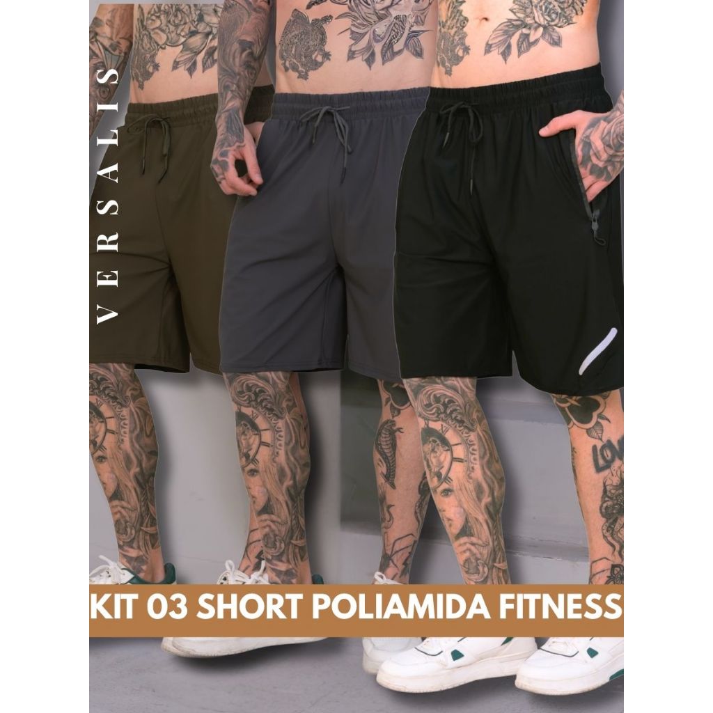 KIT 03 Short Bermuda Masculino Dry Fit Tecido Gelado Poliamida Bolso com Ziper Elastico Uso Casual Lazer Academia
