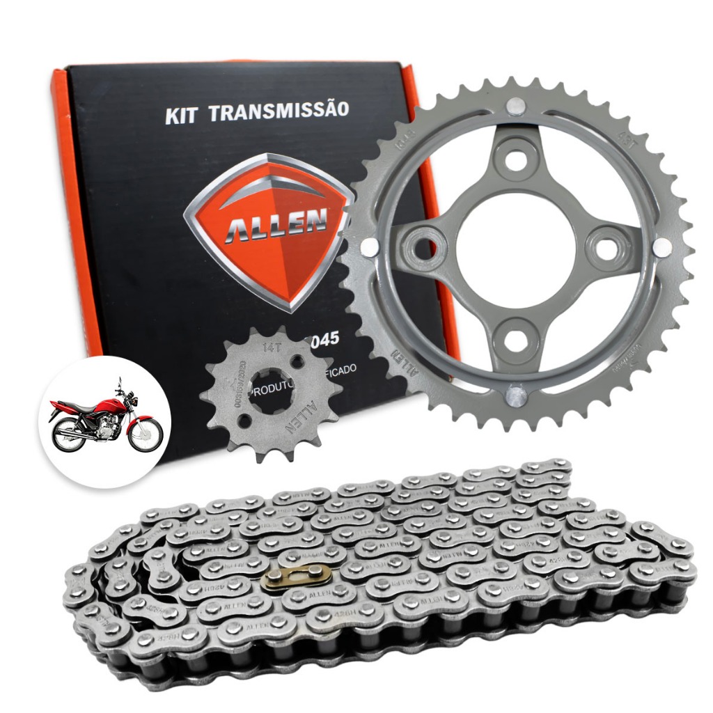 Kit Transmissão Fan 125 2009 a 2013 Allen 428H 116L Coroa 43 Pinhão 14 Aço 1045
