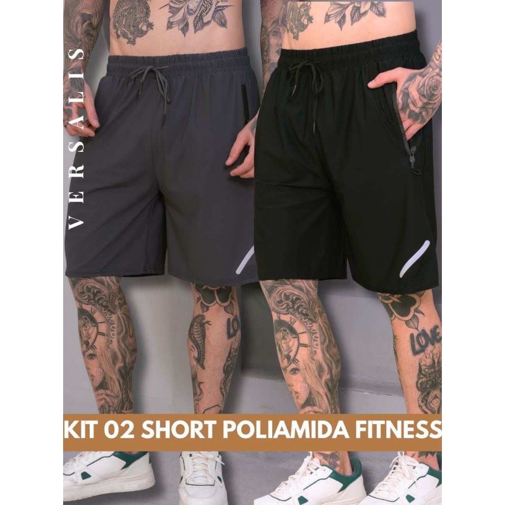 KIT 02 Short Bermuda Masculino Dry Fit Tecido Gelado Poliamida Bolso com Ziper Elastico Uso Casual Lazer Academia