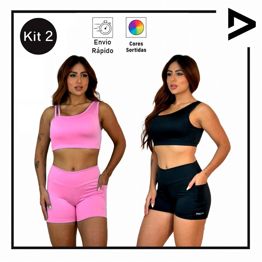 Kit 2 Conjunto Fitness Top + Short com Bolso Lateral Cintura Alta Zero Transparência Academia