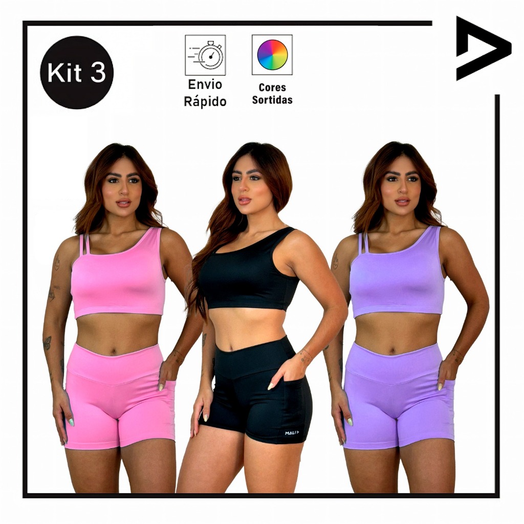 Kit 3 Conjunto Fitness Top + Short com Bolso Lateral Cintura Alta Zero Transparência Academia Treino