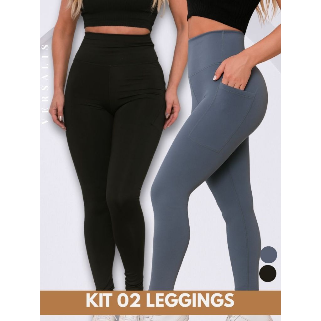 KIT 02 Calça Legging com Bolso Lateral Feminina Tecido Premium Zero Transparencia Cintura Alta Academia Fitness