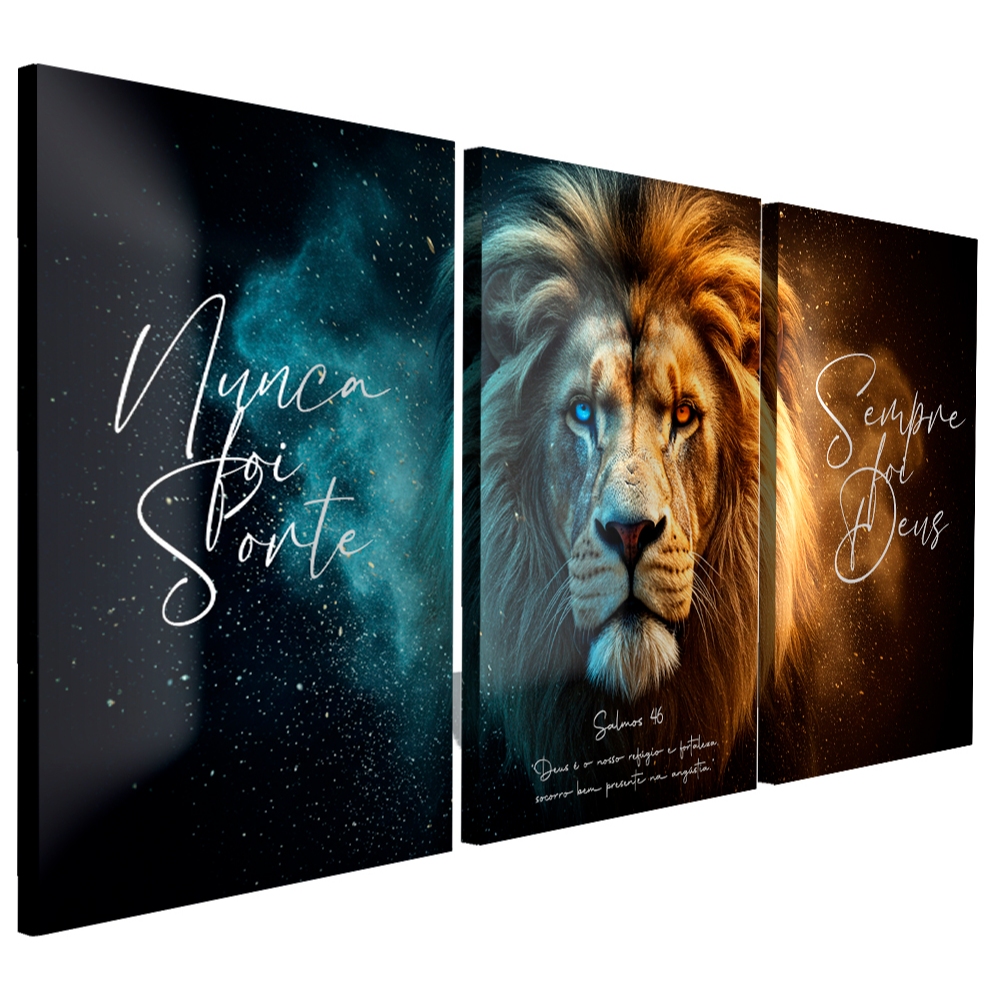 Kit 3 Quadros Decorativo Grande Sala Quarto Leão Nunca Foi Sorte Sempre Foi Deus Duas Cores Lindas