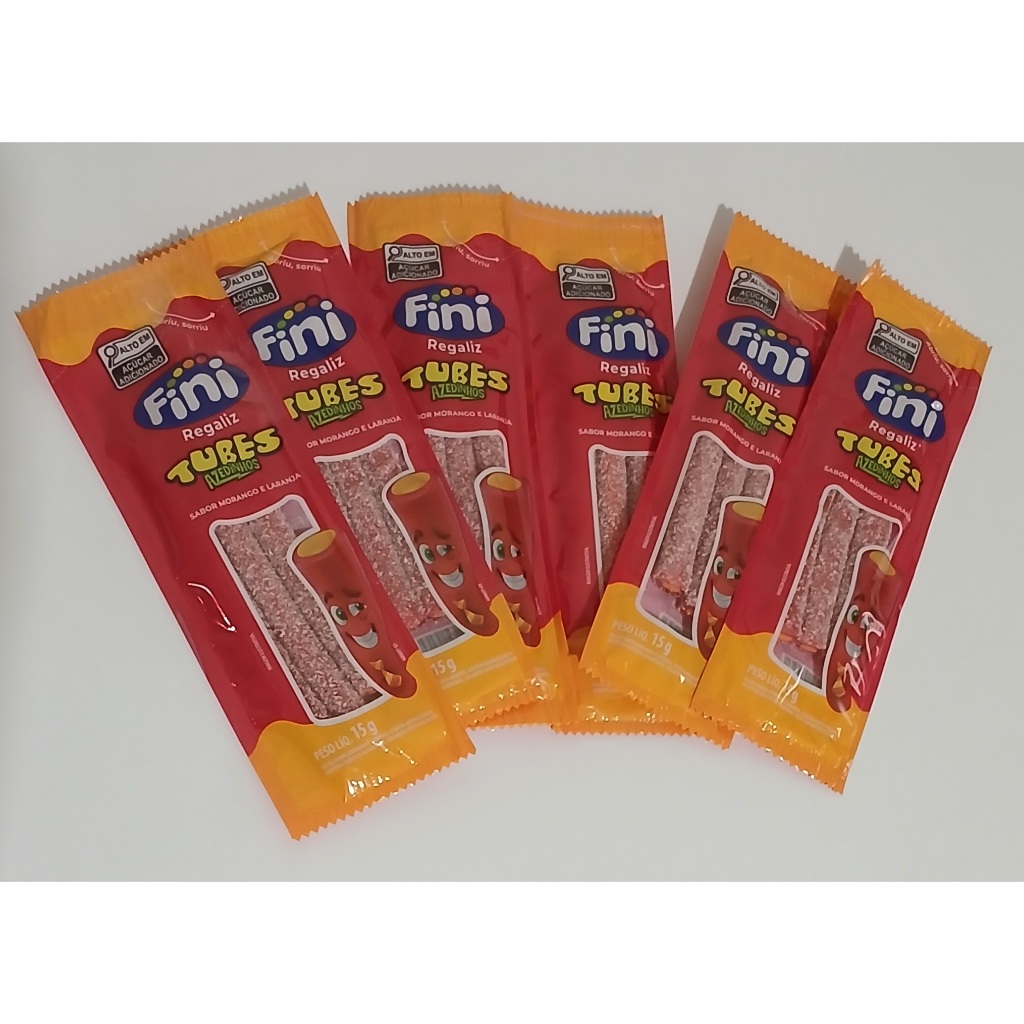 Kit com 6 Fini Tubes Azedinhos Morango e Laranja Bala Fini 15g Cada Sabor Frutas