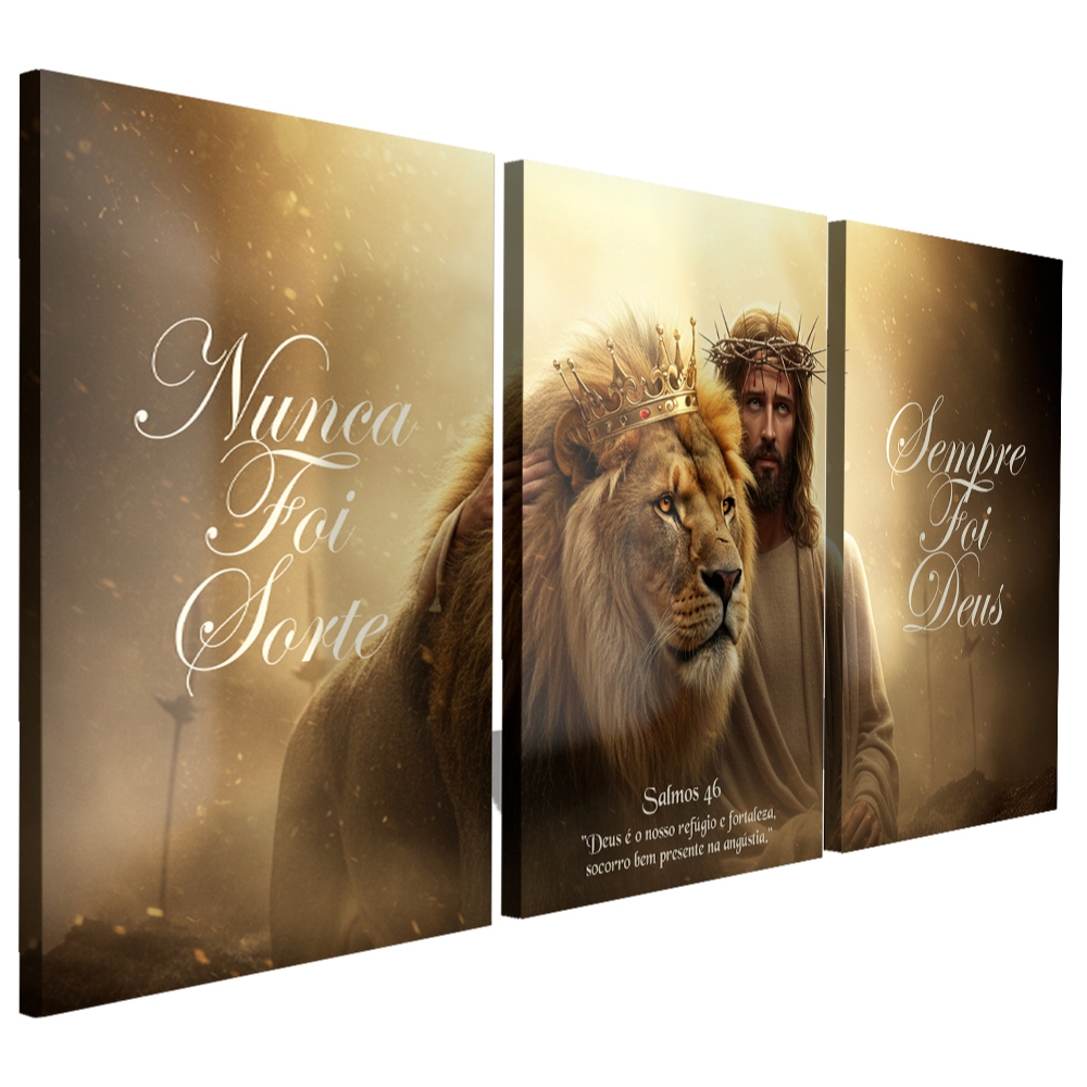 Kit 3 Quadros Decorativo Grande Sala Quarto Leão Com Jesus Coroa Nunca foi Sorte Sempre Foi Deus
