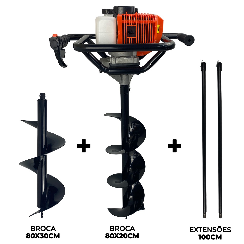 Perfurador de Solo a Gasolina 52cc 2,5HP com Brocas 80x20cm + 80x30cm + 2x Extensor 1m Carbon Fak