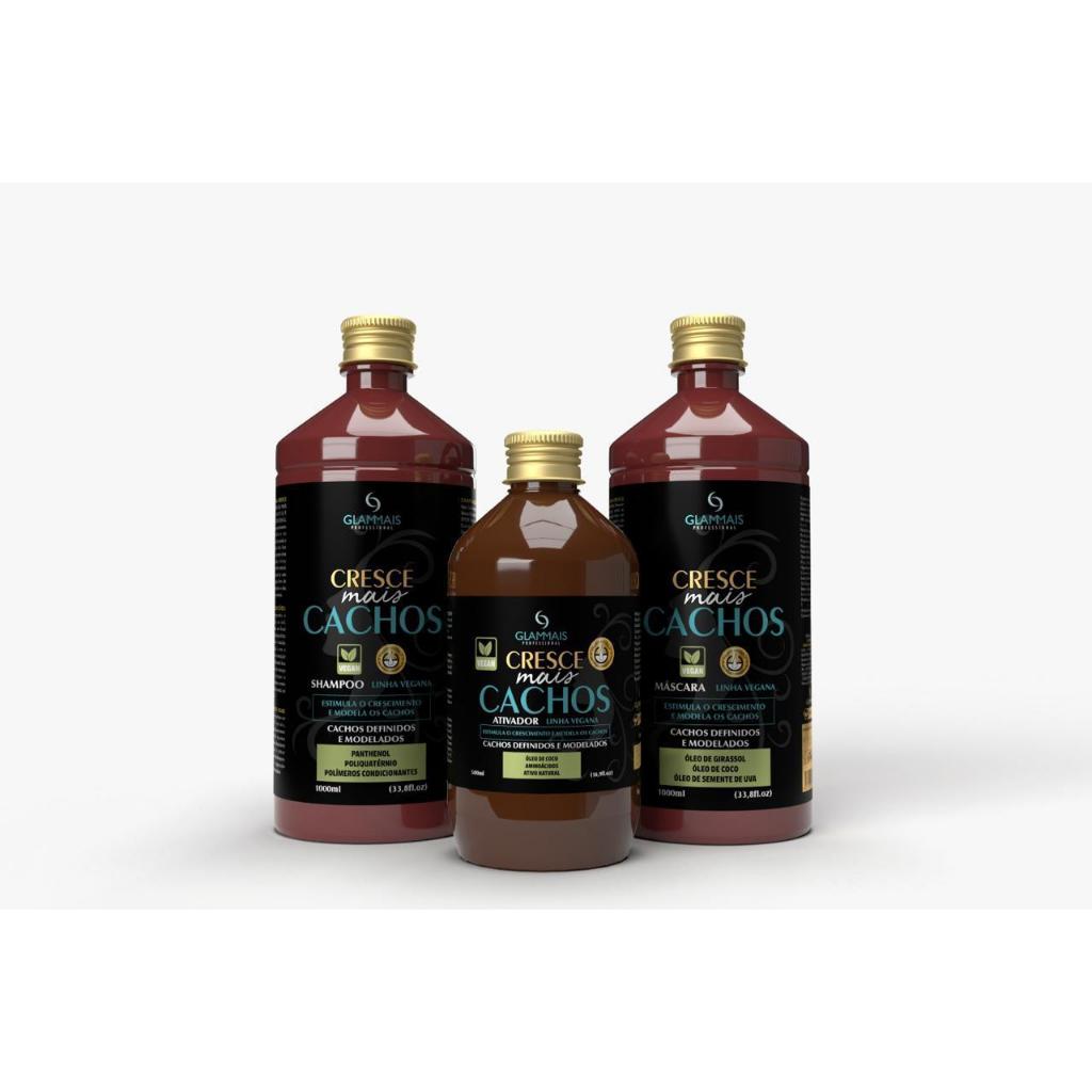 Kit Cresce Mais Cachos Profissional 3 Itens – Shampoo + Máscara + Ativador | Linha Vegana para Cachos Definidos