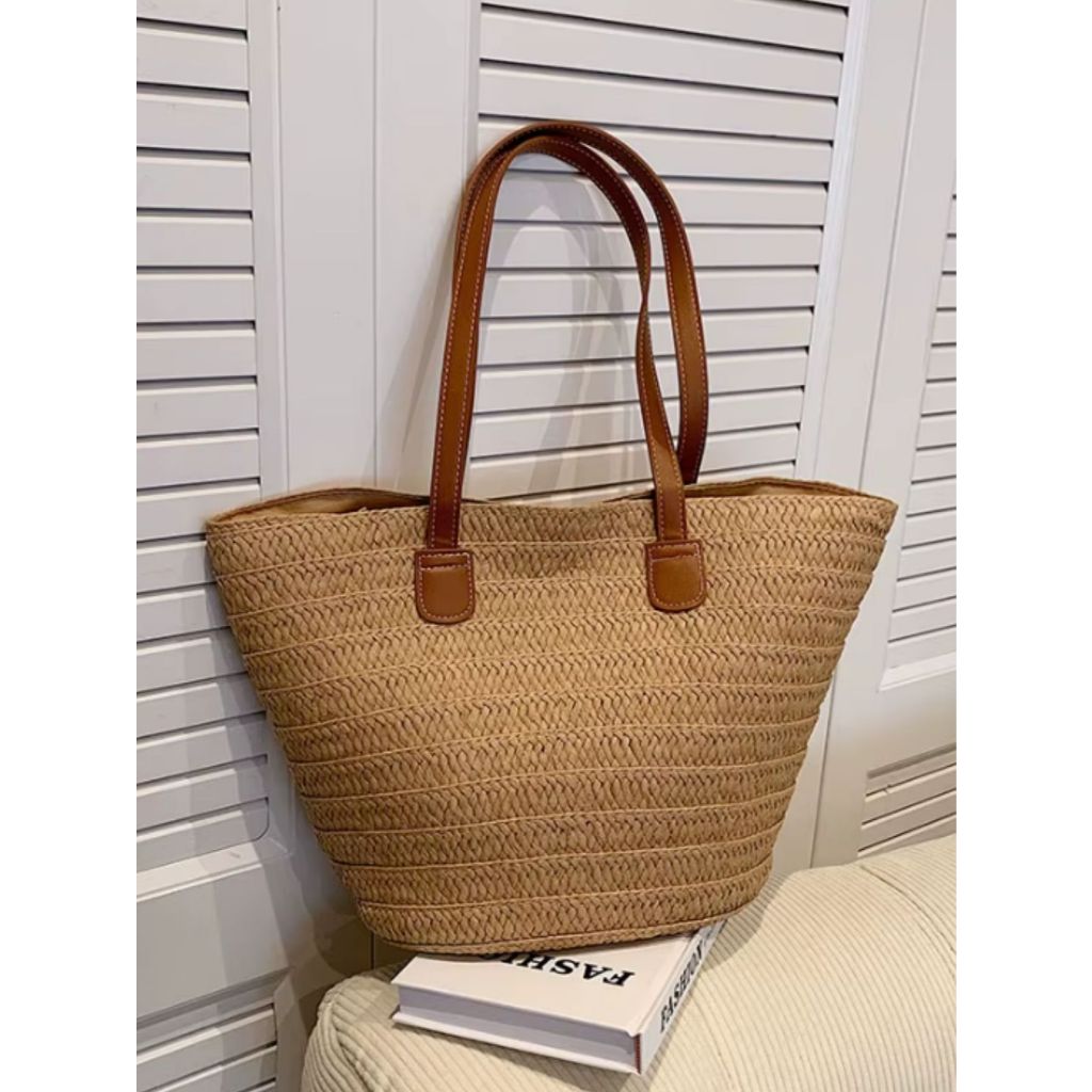 Bolsa de Palha Feminina com Alças em Couro Sintético – Estilo Praia Chic