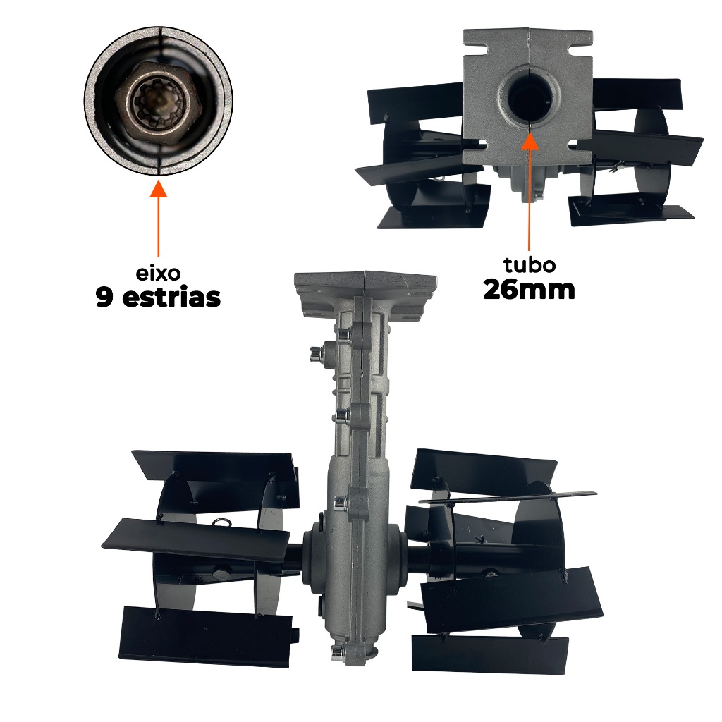 Enxada Rotativa Capinadeira 26mm Eixo 9 Estrias para Roçadeira a Gasolina Carbon