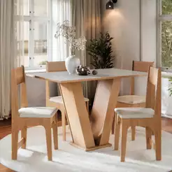 Conjunto Sala de Jantar Vivi 4 Lugares Cadeiras Estofadas Mesa Para Cozinha Tampo Semelhante Vidro