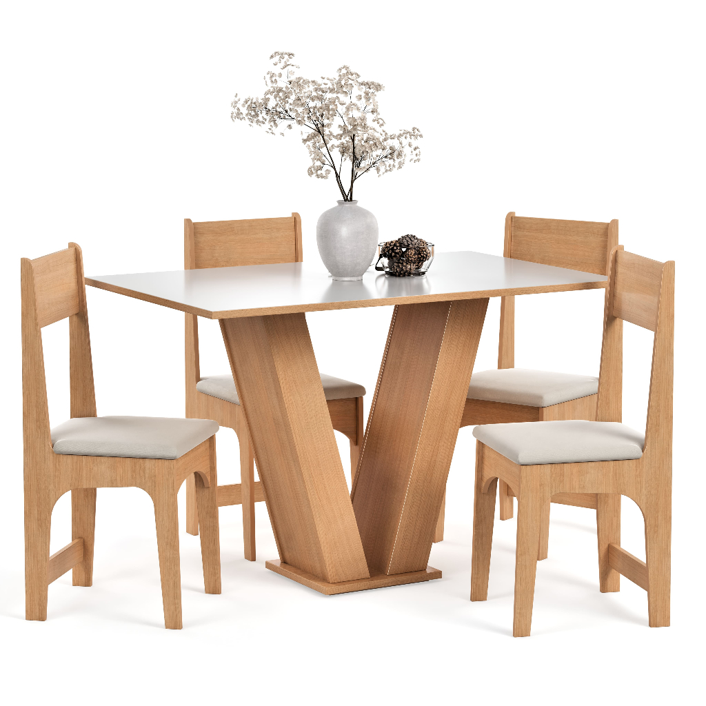 Conjunto Sala de Jantar Vivi 4 Lugares Cadeiras Estofadas Mesa Para Cozinha Tampo Semelhante Vidro