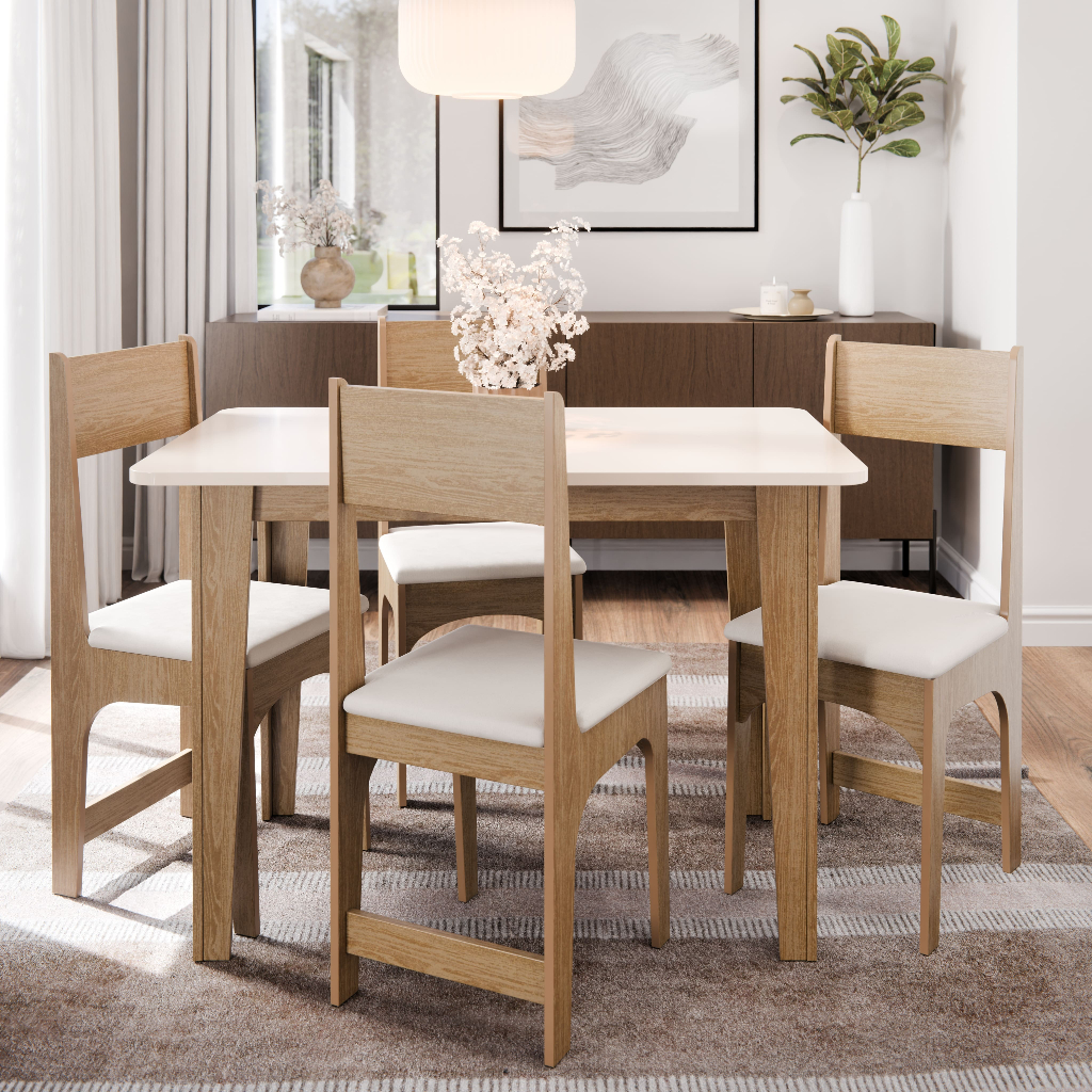 Conjunto Sala de Jantar Nicoli Mesa 110x68 + 4 Cadeiras Estofadas MDF/MDP Mel Off