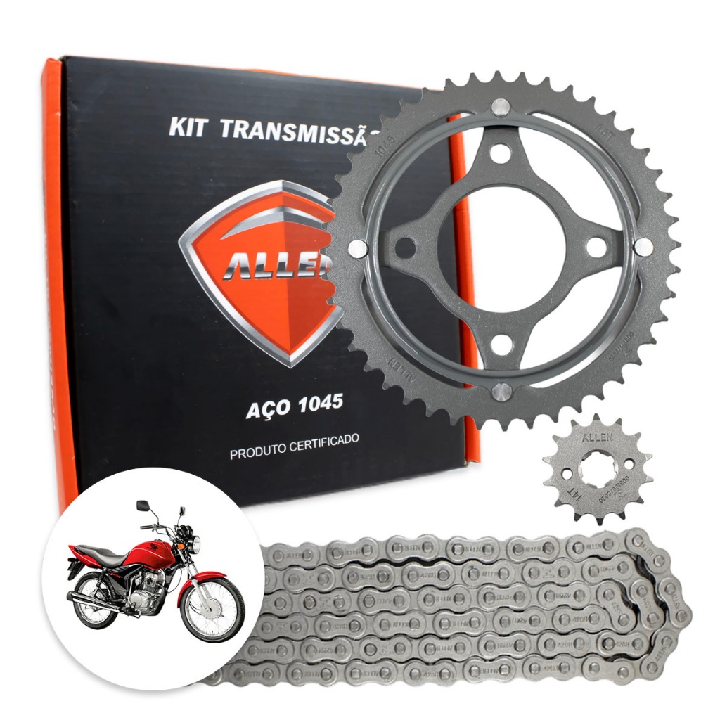 Kit Transmissão Titan 125 2000 a 2004 Aço 1045 Corrente 428H 116L Coroa 44 Dentes Pinhão 14 D Allen