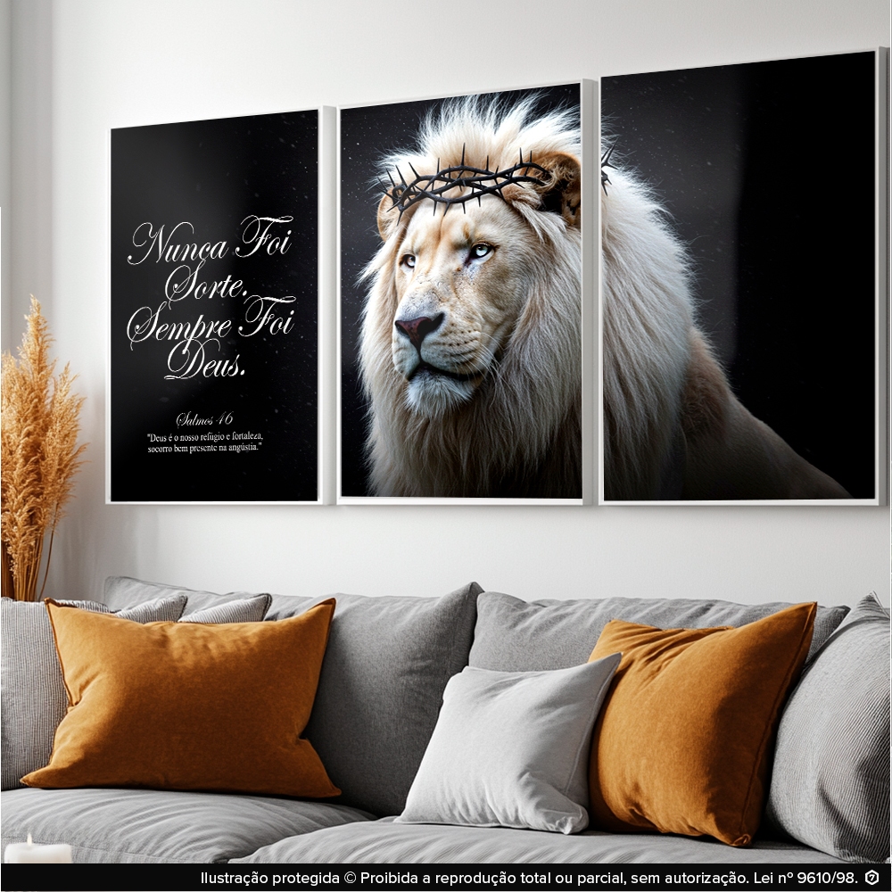 Kit 3 Quadros Decorativo Grande Sala Quarto Leão Coroa De Espinhos Jesus Nunca Foi Sorte Sempre Foi Deus