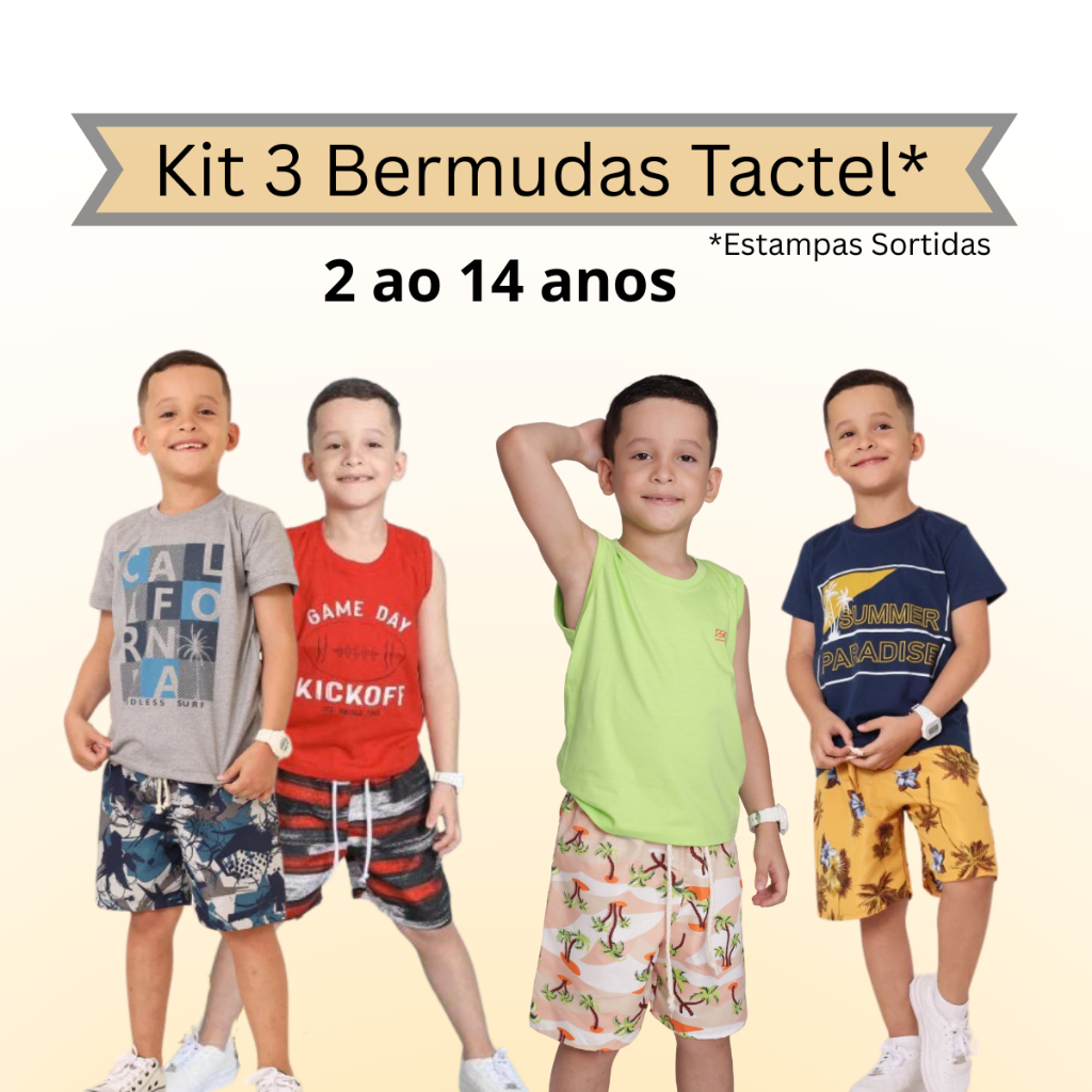 Bermuda Infantil Tactel Menino Kit 3 unidades Praia/Esporte | Leve Confortável Secagem rapida dia a dia