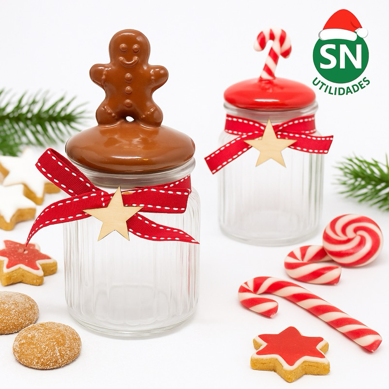 Pote de Vidro Hermético Natalino com Tampa Decorada 300 ml – Biscoito De Gengibre e Doce Natal