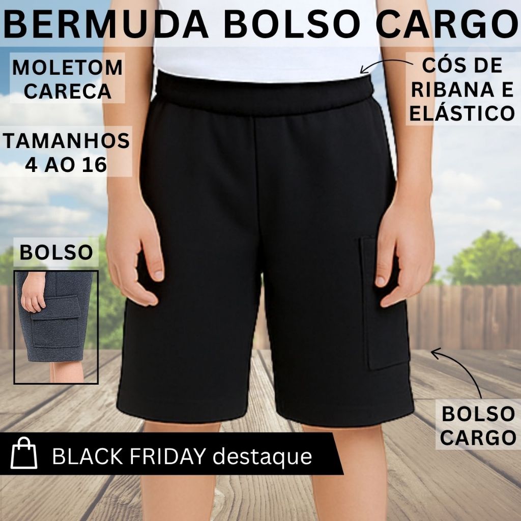 Bermuda Infantil Moletom Bolso Cargo Juvenil Menino 3245-C1