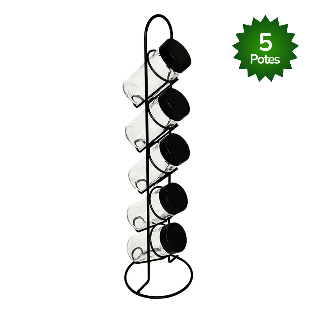 Porta Condimentos 5 Potes De Vidro Suporte Preto em Oferta na Shopee