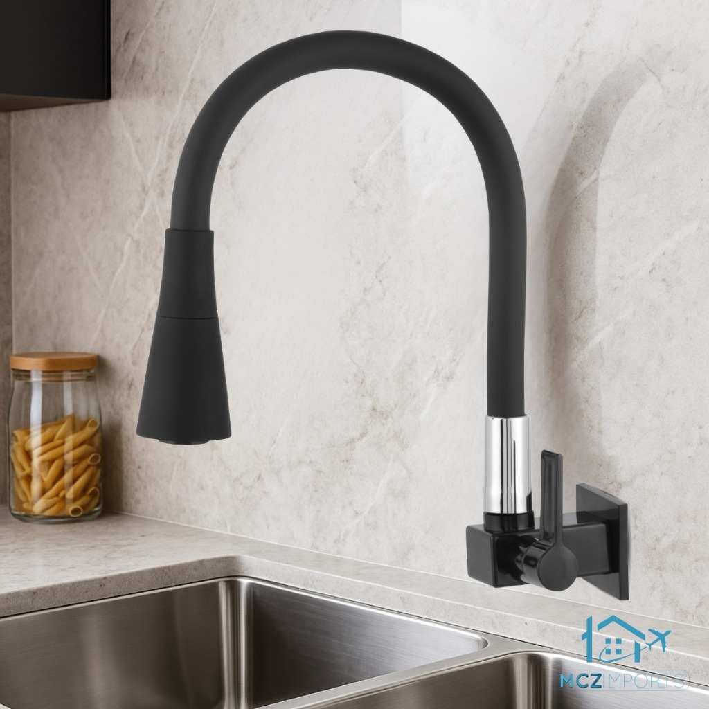 Torneira Cozinha Parede Preta Flexível Duplo Jato Cone 1/4 de Volta Luxuosa