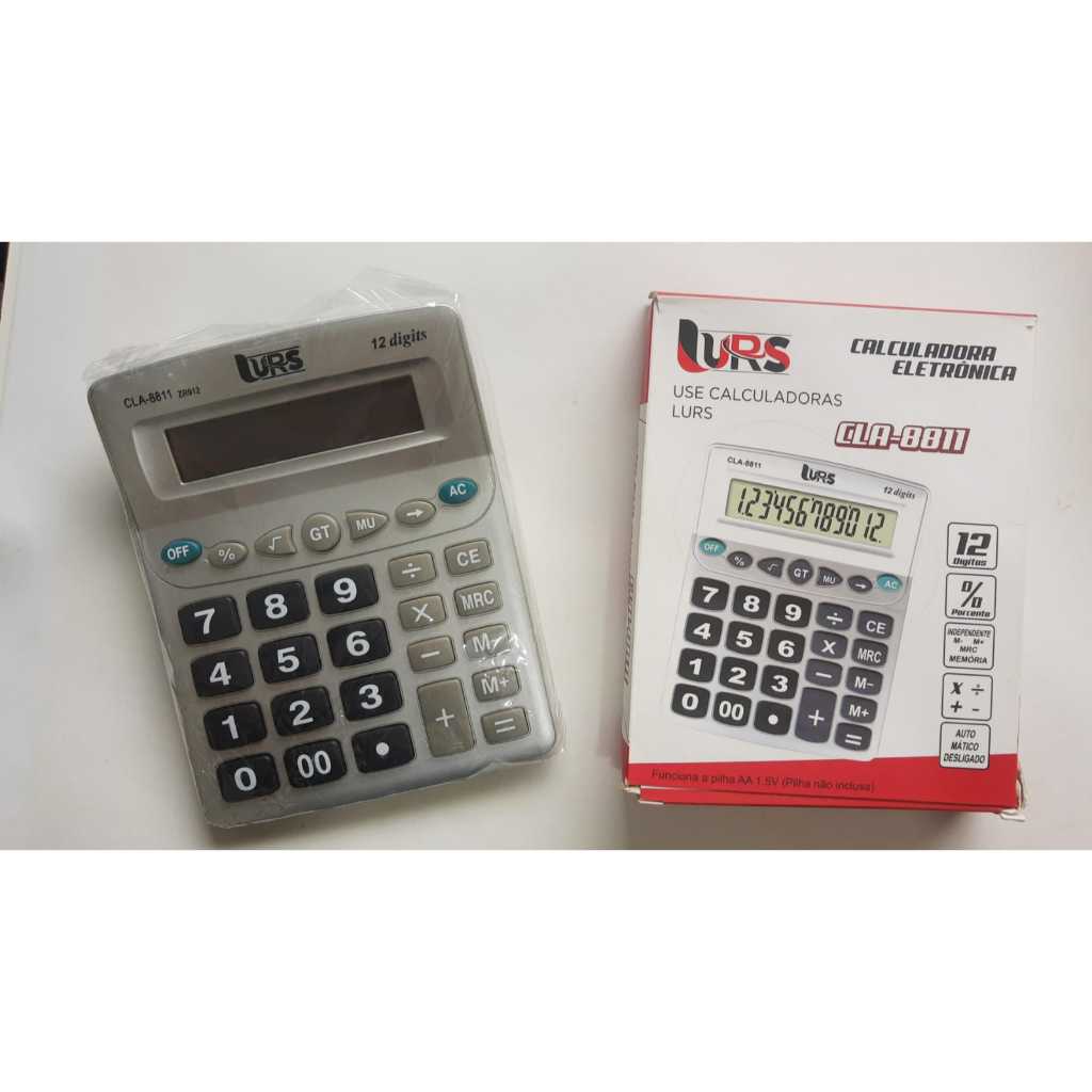 Calculadora Eletrônica LURS 12 Dígitos CLA-881 Pilha AA Cinza
