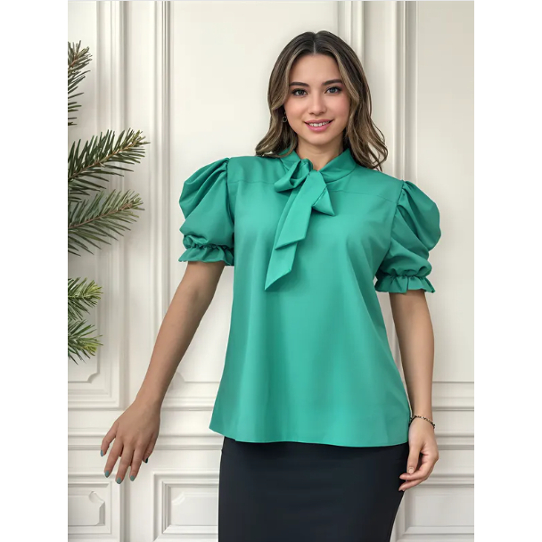 Blusa Camisa Social Feminina Crepe Gola de Laço Manga Princesa Cor Verde