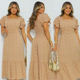 Vestido Feminino Midi Com Manga Curta Estampa Floral com Bojo Forro e Lastex nas Costas Moda Social em Oferta na Shopee