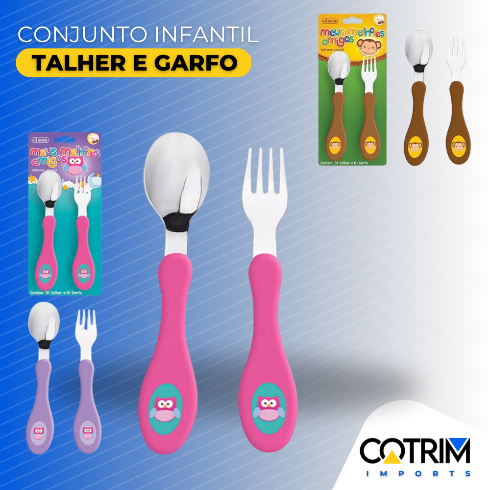 Conjunto de Talher Infantil Garfo Colher Inox para Alimentação Infantil Bebê Personagens Divertidos