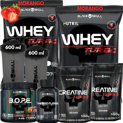 Kit 2x Whey Turbo + 2x Creatina 150g + Pré-Treino 150g + Termogênico 120 Tabletes + 2x Coqueteleira - Black Skull